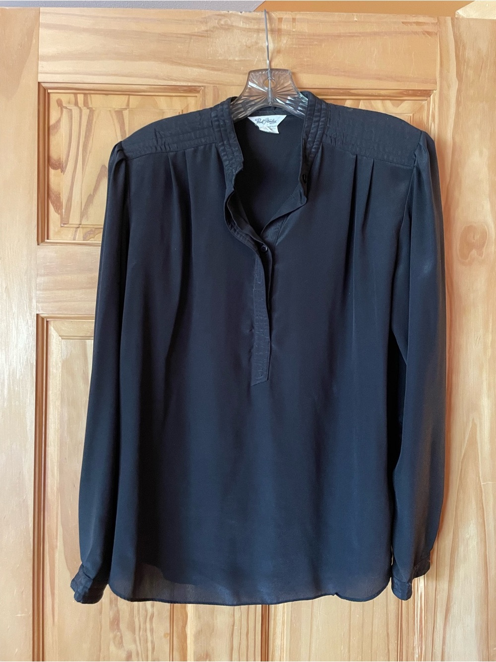 Vintage Women's Black Long-Sleeve Pintuck Shoulder Blouse